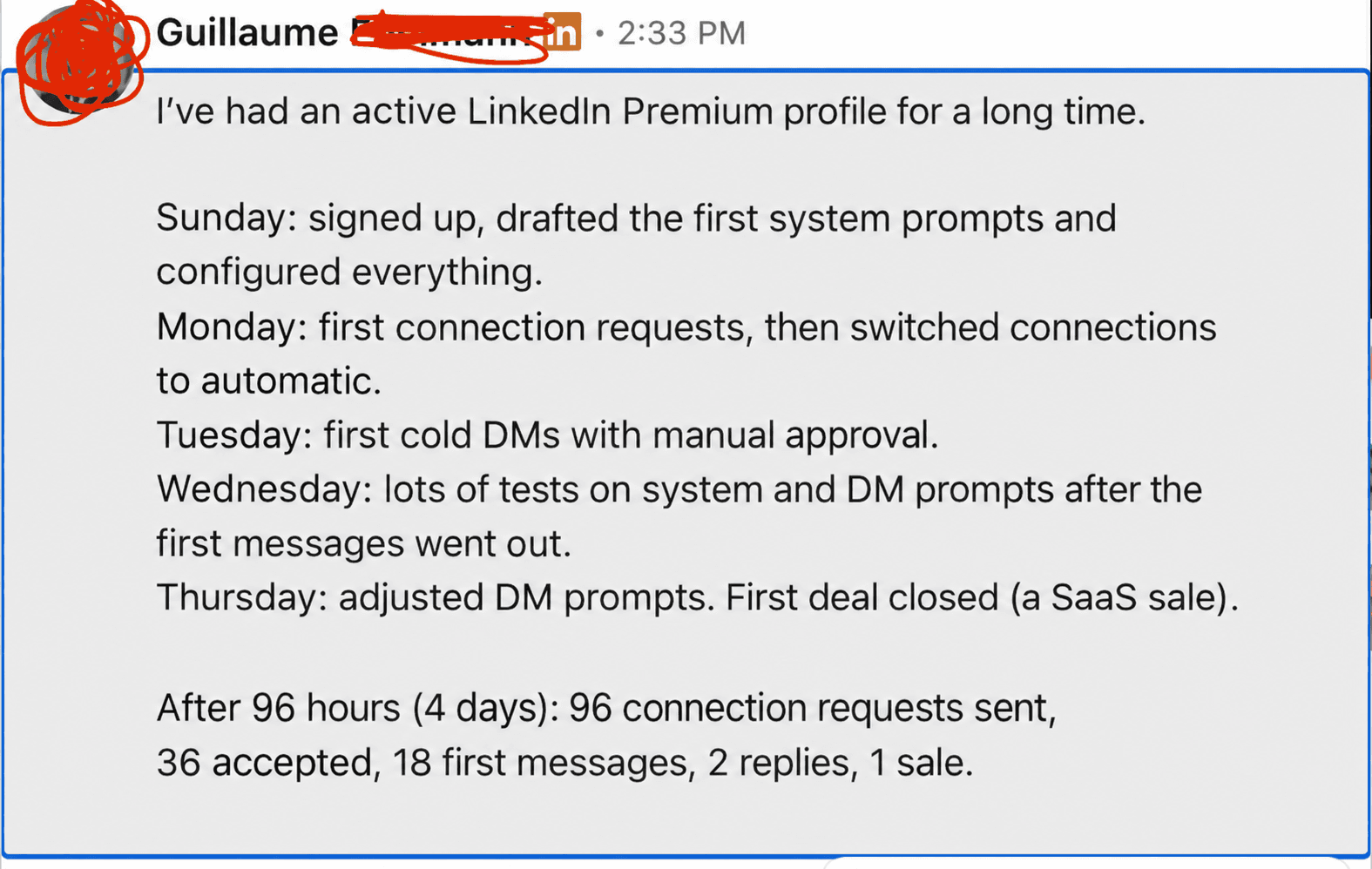 Numbers after 96 hours of use: 96 connection requests, 36 accepted, one sale.