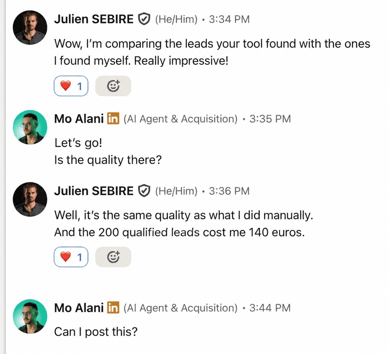 A user compares the leads MimikFlow found with his own: same quality, 200 qualified leads for 140 euros.