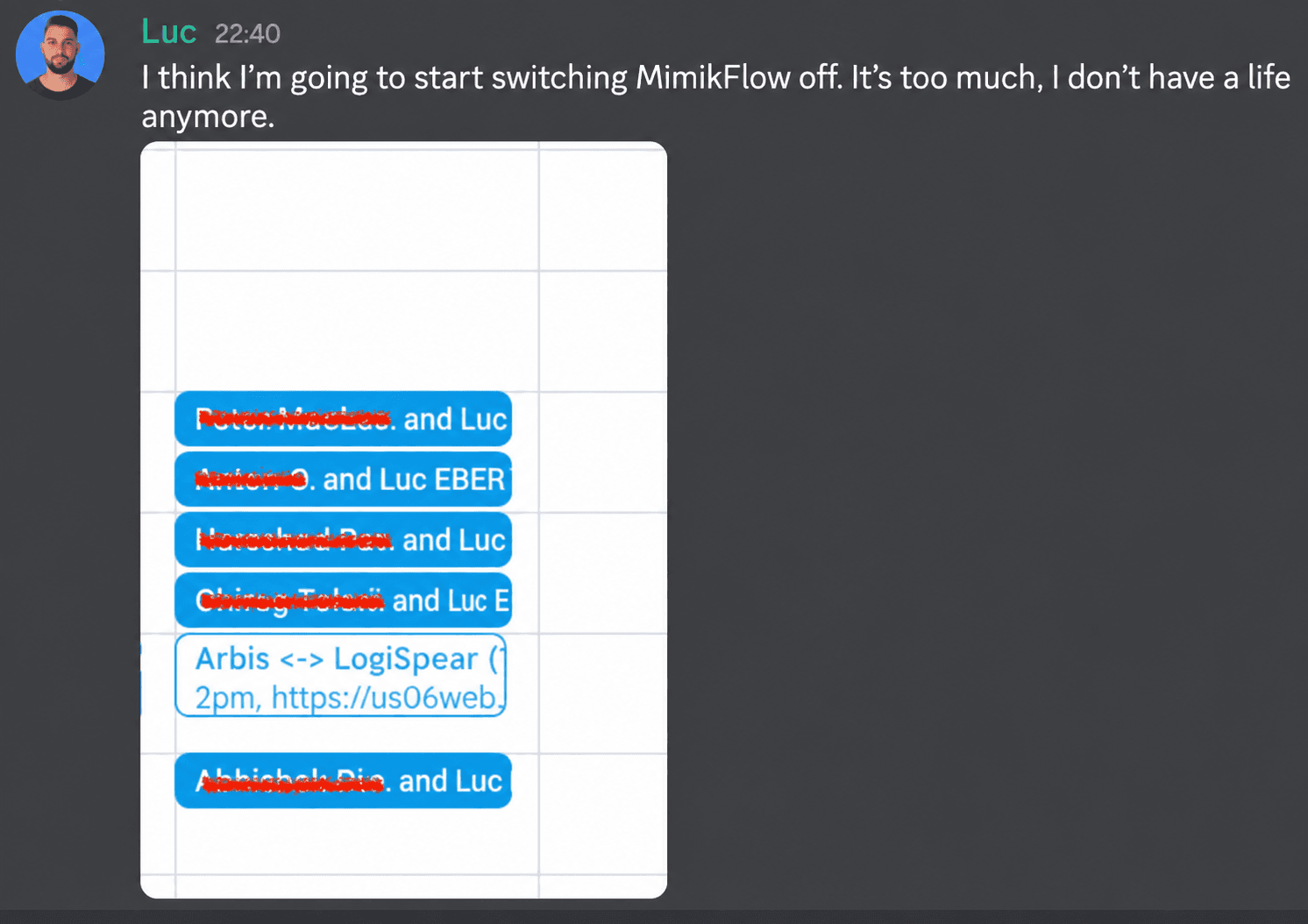 A user shows a calendar full of booked calls and jokes about switching the tool off.