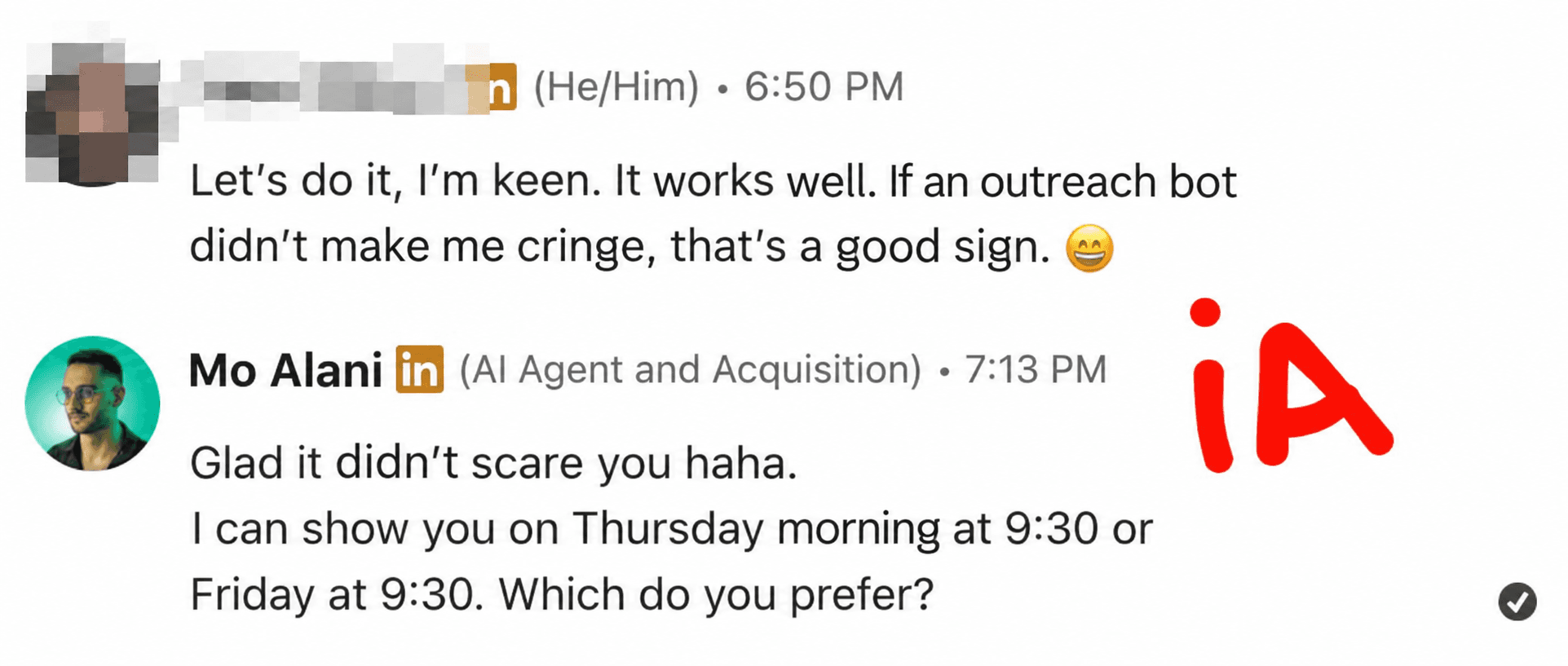 A prospect explains the outreach message did not feel cringe to him.