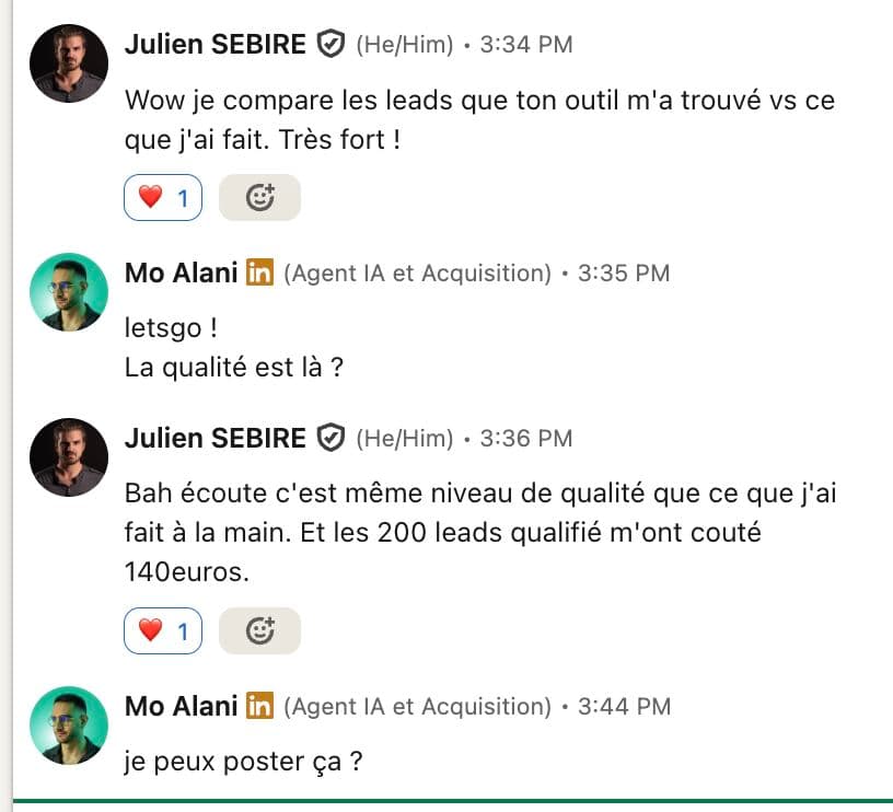 Un utilisateur compare les leads trouvés par MimikFlow aux siens : même qualité, 200 leads qualifiés pour 140 euros.