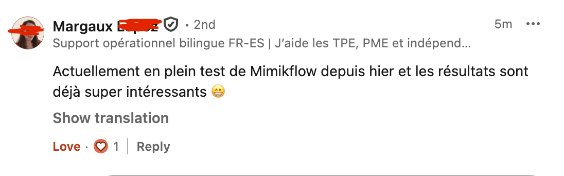 Premier retour LinkedIn d'une utilisatrice en test depuis la veille.