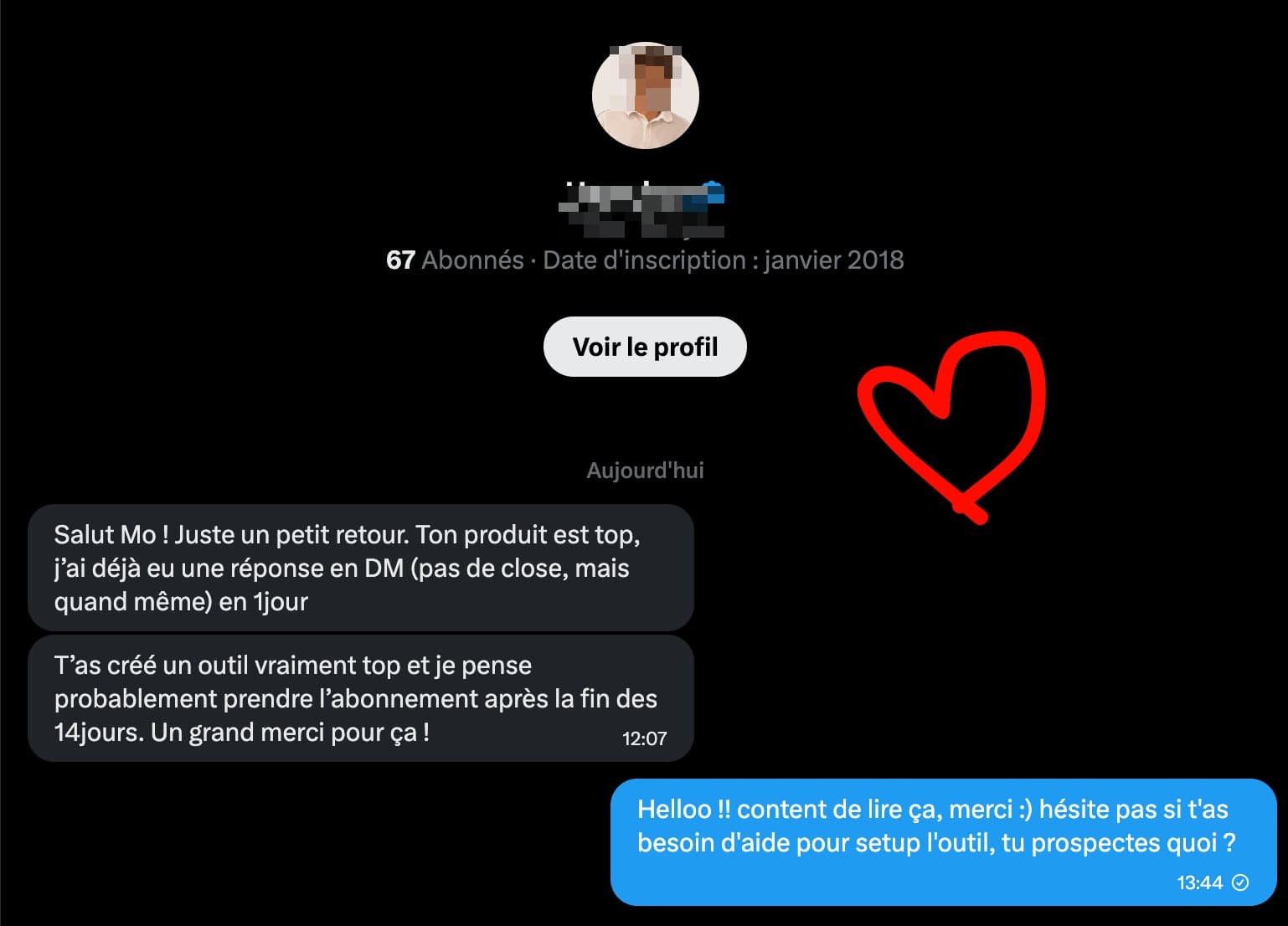 Un utilisateur obtient sa première réponse en un jour et prévoit de s'abonner.