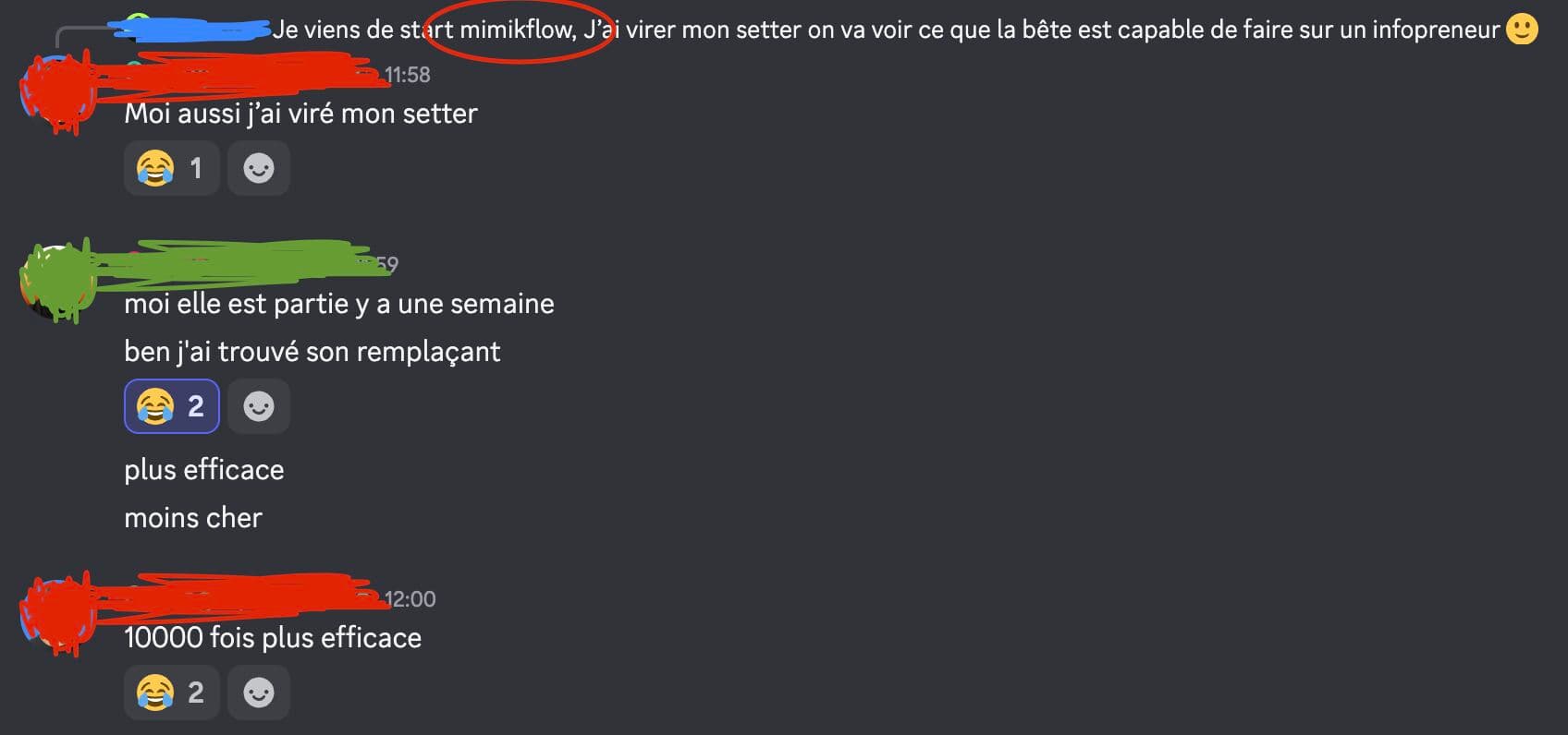 Discussion entre utilisateurs qui ont remplacé leur setter humain par MimikFlow.